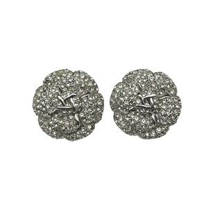 Vintage St John Silver Tone Crystal Pave Camellia Flower Clip On Earrings